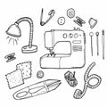 Vector graphic set of hand drawn sewing tools. Sewing kit illustration. Beautiful design elements Royalty Free Stock Photo