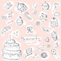 Vector graphic set of sweets. Decorative hand drawn pink delicios collection.