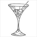 Vector, graphic, sketch of a martini glass with an olive on a spit. Toothpick. Alcoholic drinks. Isolated on white