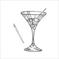 Vector, graphic, sketch of a martini glass with an olive on a spit. Toothpick. Alcoholic drinks. Isolated on white