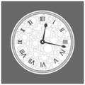 Vector. Graphic tower style clock with roman numbers. Time. Isolated illustration.