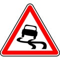 Vector graphic of a uk slippery surface road sign. It consists of a depiction of a car and curved skid marks contained within a