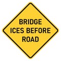 Vector graphic of a usa Bridge Ices Before Road highway sign. It consists of the wording Bridge Ices Before Road within a black Royalty Free Stock Photo