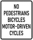 Vector graphic of a usa No Pedestrians, bicycles, Motor-Driven Cycles MUTCD highway sign. It consists of the wording No