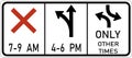 Vector graphic of a usa Reversible Lane Control highway sign. It consists of three sections showing which actions are allowed at