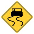 Vector graphic of a usa slippery road ahead highway sign. It consists of black car with skid marks at the rear within a black and Royalty Free Stock Photo