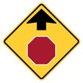 Vector graphic of a usa stop ahead highway sign. It consists of a black upward pointing arrow above a red hexagon with a white Royalty Free Stock Photo