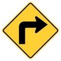 Vector graphic of a usa turn highway sign. It consists of a black arrow with a right angle turn within a black and yellow square Royalty Free Stock Photo