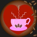 Against the background of a red heart, a pink cup of hot coffee on a saucer. Coffee beans fall on the side