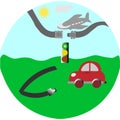 In a circle on a blue background, an airplane and seat belts. On a green background, a car and seat belts.