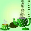 a green cup with a saucer and a teapot with white polka dots