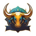 Vector graphics illustration of a bull and colorful shield in logo style