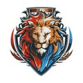 Vector graphics illustration of a lion and colorful shield in logo style Royalty Free Stock Photo