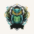 Vector graphics illustration of a owl and colorful shield in logo style