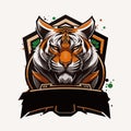 Vector graphics illustration of a tiger and colorful shield in logo style