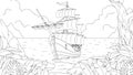 Vector graphics, a three-masted ship sails along the coastline