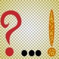 three grammatical signs - a red question mark, a black ellipsis, and an orange golden exclamation mark