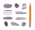 Vector gray graphite pencil stokes set isolated on white background, different shape textrures. Royalty Free Stock Photo