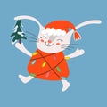 Vector gray rabbit with a tree and a colorful garland. Symbol of the Chinese New Year 2023. Flat illustration of a cute