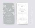 Vector gray and white tropical wedding ceremony and party program card set. Editable palm leaves, foliage decorative border, frame