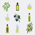 Vector Greek Style bottles, jars, olive leaves on grey background