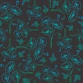 Vector Green and Blue Flower on Black Back seamless background Wallpaper Poster Line Drawing