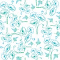 Vector Green and Blue Flower on White Back seamless background Wallpaper Poster Line Drawing