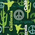 Vector Green California Animals Travel Seamless Pattern with Los Angeles, San Francisco, Hummingbirds, and Peace Symbols