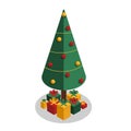 Vector green Christmas tree decorated with Christmas toys and gifts. Royalty Free Stock Photo