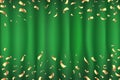 Vector green Curtain gold Confetti Greeting Card, background with Free Space. Luxury, Glamour Design with Shine Sparkles Royalty Free Stock Photo