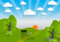 Vector green landscape, mountain with trees and clouds, paper art style