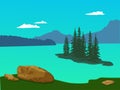 Vector green landscape with mountains, spruces and stones - para