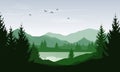 Vector green landscape with silhouettes of mountains and hills and trees in forest with lake Royalty Free Stock Photo