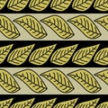 Vector Green Leaves on Green and Black Stripes Seamless Repeat Pattern. Background for textiles, cards, manufacturing