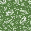 Vector green Malaysian food Nasi Lemak outlines single colour repeat pattern. Perfect for fabric, scrapbooking and
