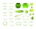 Vector Green Natural Frames, Watercolor Spots, Leaves, Design Elements Isolated on White Background, Blank Borders. Royalty Free Stock Photo