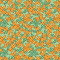 Vector green and orange hand drawn leaves repeat pattern. Suitable for gift wrap, textile and wallpaper Royalty Free Stock Photo