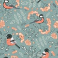 Vector green pastel ash berries and birds texture background seamless pattern print