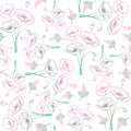 Vector Green and Pink Flower on White Back seamless background Wallpaper Poster Line Drawing