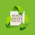 Vector green recycling symbol with paper banner and text reduce reuse recycle for eco aware design