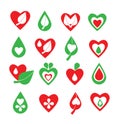 Vector green and red organic, natural, biology, health, wellness, heart, leaf and drop icon set