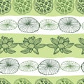 Vector green rows of lotus flower, leaf and seed pods stripes 02 repeat pattern. Suitable for textile, gift wrap and Royalty Free Stock Photo