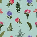 Vector green seamless pattern background with flowers. Royalty Free Stock Photo