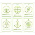 Vector green set of labels in linear style for organic products, food and cosmetics.