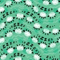 Vector green sheep zzz counting wavy stripes cute doodles seamless pattern. Suitable for textile, gift wrap and