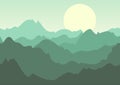 Vector green summer landscape, mountains and sun on sky. Royalty Free Stock Photo