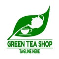 Vector Green tea shop logo. Illustration of green tea leaves, kettles and cups of green color on white background