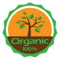 Vector green tree and leaves 100% organic label, ecology, nature, environment, organic icons