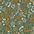 Vector green valentines love doodle hand drawn repeat pattern. Suitable for valentines, wedding, engagement cards