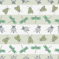 Vector Green, Yellow and Blue Insects on Green and White Stripes Seamless Repeat Pattern. Background for textiles, cards